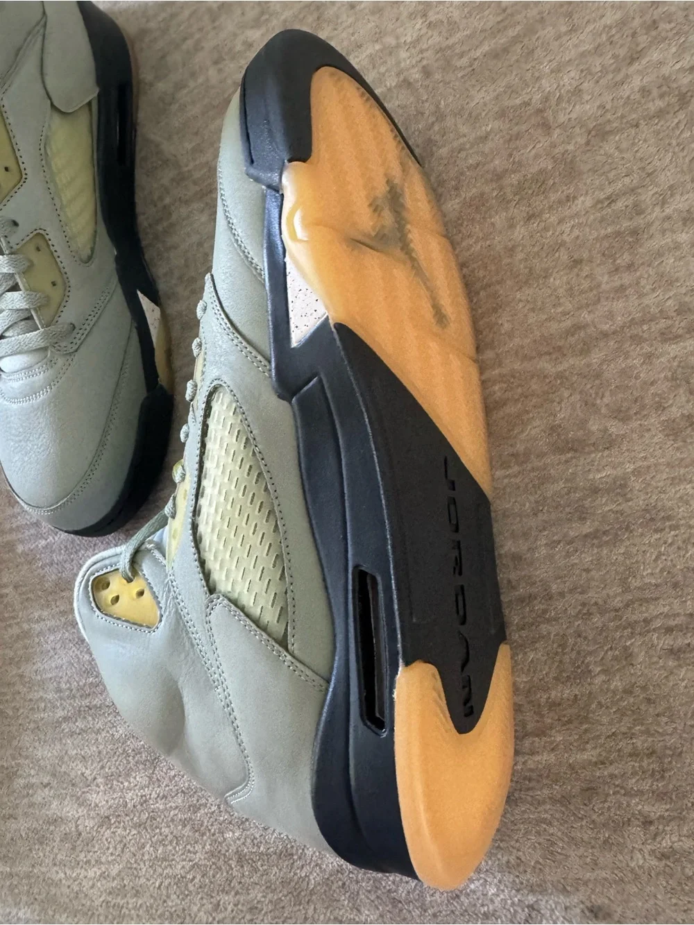 Air Jordan, retro 5’s Sneakers in Light Gray with Yellow Accentst
